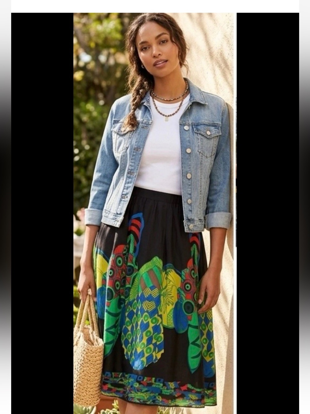 J. Peterman Black Midi Skirt with Green & Blue Floral Panels